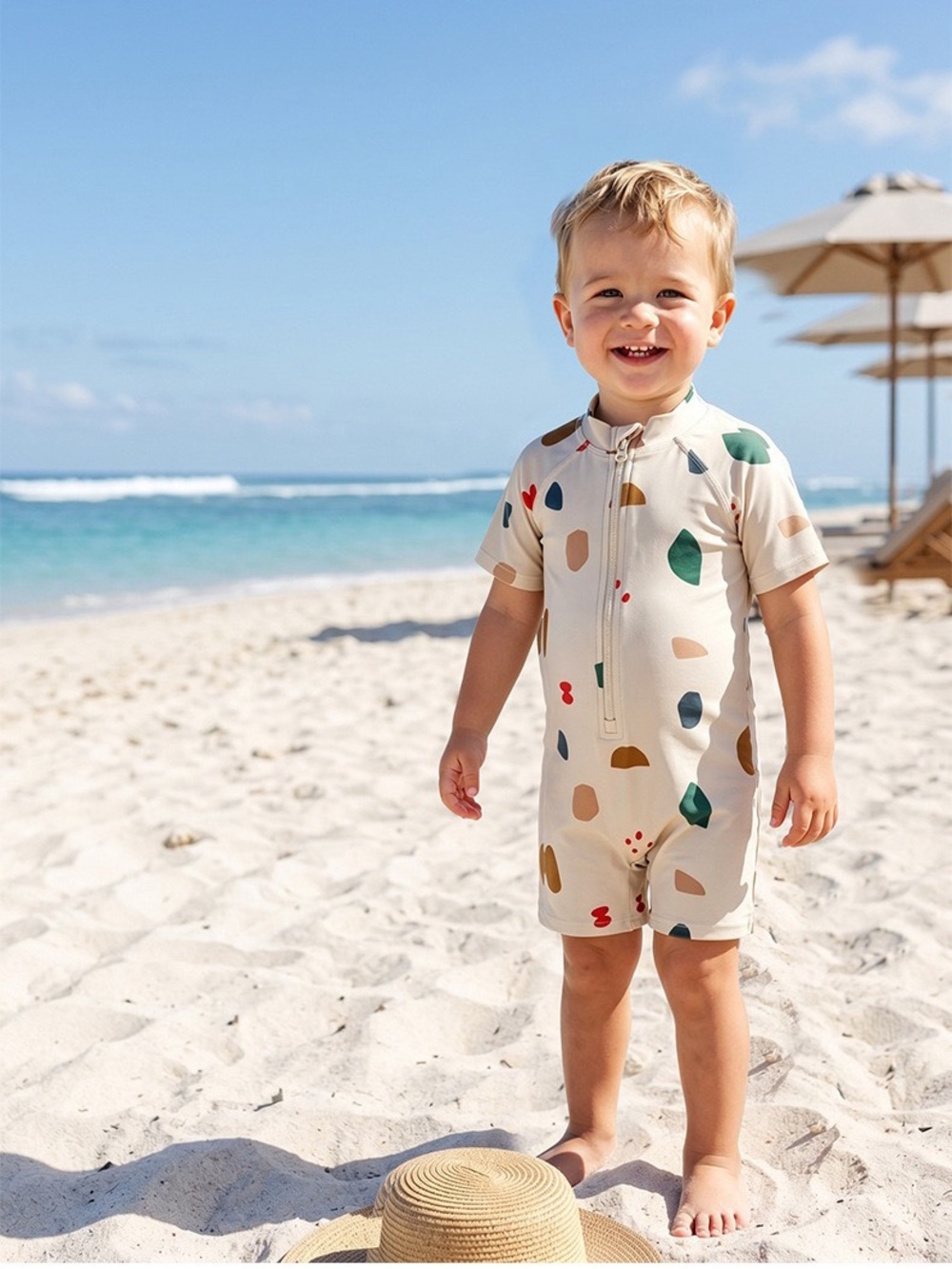 Kids Cream Short-Sleeve Rashguard Swimsuit with Multicolor Shapes